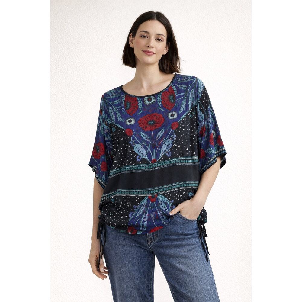 Warm Brand Black Purple Floral Silk Blend Blouse Boho Cottagecore Womens 2